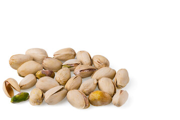 Close up view of pistachio nuts isolated on white background.