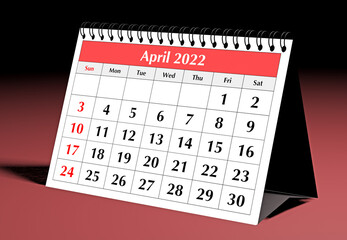One page of the annual business monthly calendar. Date - month April 2022