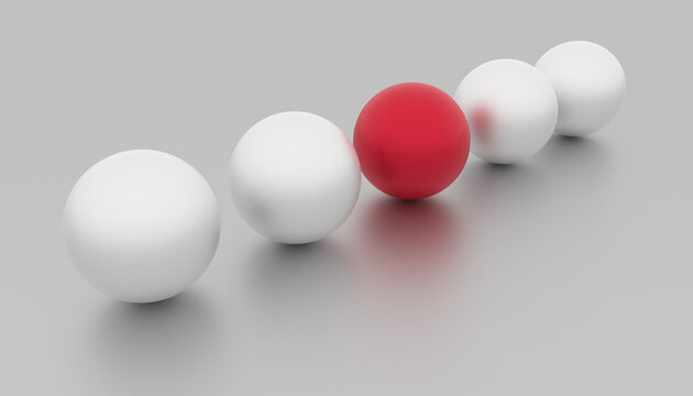 Individuality, unique and different red ball and other white. Contrast concepts © Alex