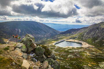 Landscape view of the top of the mountain with snow in the central massif of Serrra da Estrela -...