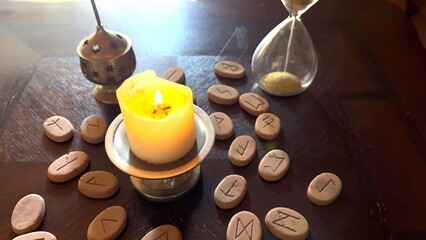 Candle with Runes and Hourglass