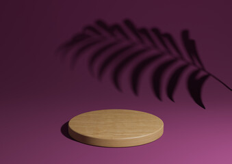 Dark magenta, purple simple 3D render minimal natural product display composition with one wood podium or stand with palm leaf shadow in the background