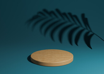 Dark teal, aqua blue simple 3D render minimal natural product display composition with one wood podium or stand with palm leaf shadow in the background