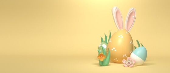 Colorful hand decorated Easter eggs withrabbit ears and spring holiday pastel colors