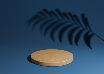Dark, aqua blue simple 3D render minimal natural product display composition with one wood podium or stand with palm leaf shadow in the background