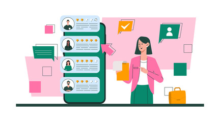 Choosing job candidate. Girl analyzes resumes of candidates for vacancy, assesses talent of employees, recruits to company and expands staff. HR ranks profiles. Cartoon flat vector illustration