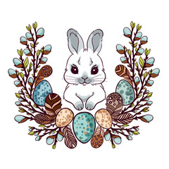 Small spring Easter bunny surrounded by willow branches, quail eggs, a feather and a nest, a gray hare hand-drawn on a white background for printing. cartoon symbol of the symbol of the spring holiday