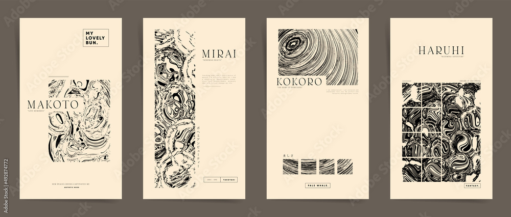 Poster set of monochrome aesthetic posters. modern japanese boho design stories and promo posts. vintage co