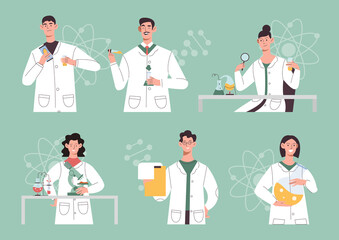 Obraz premium Set of scientists. Men and girls in scientific coats conduct experiments with substances, collection of chemists or biologists. Cartoon flat vector illustrations isolated on green background
