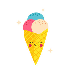 Cute ice cream waffle cone with balls of different flavors. Vector illustration