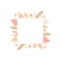 Greeting tropical frame with hand drawn abstract leaves. Vector illustration