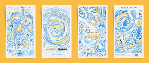 Summer Abstract template design with typography for stories poster. posts, flyer, brochure, placard, presentation or cover. Vector blue and yellow liquid and rounded shape background set.  © Takoyaki Shop