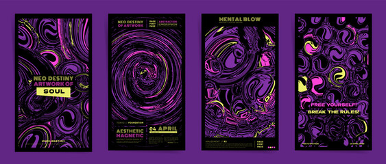 Dark space abstract template design with typography for stories, flyer, event brochure, posts, presentation or cover. Black, purple colors with hallucination paints print vector set.	