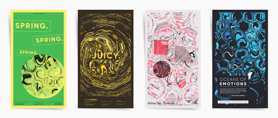 Set of abstract modern art stories with marble ink, geometric shapes, organic elements for social posts, brochure, flyer, leaflet, presentation, cover. Vector summer vacation event design backgrounds.