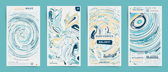 Summer ocean wave design stories template set. Vector background with twisted spiral water pattern for decorative creative post, branding flyer and event abstract poster.	