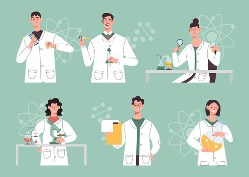 Set of scientists. Men and girls in scientific coats conduct experiments with substances, collection of chemists or biologists. Cartoon flat vector illustrations isolated on green background