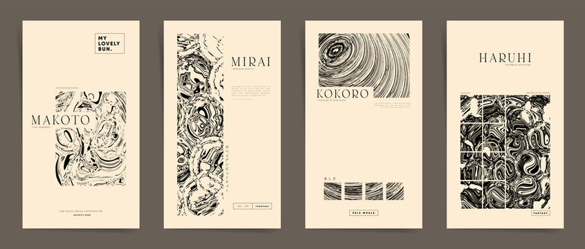 Set of Monochrome Aesthetic Posters. Modern Japanese boho Design Stories and promo posts. Vintage Covers with typography. Abstract liquid ink twisted and rounded shapes Backgrounds.	