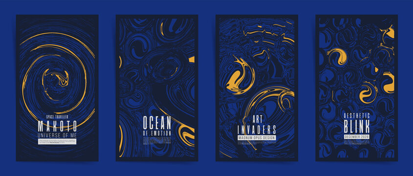 Future space universe abstract template design with typography for stories, posts, flyer, event brochure, placard, presentation or cover. Black blue yellow colors, rounded neon shapes background set.	