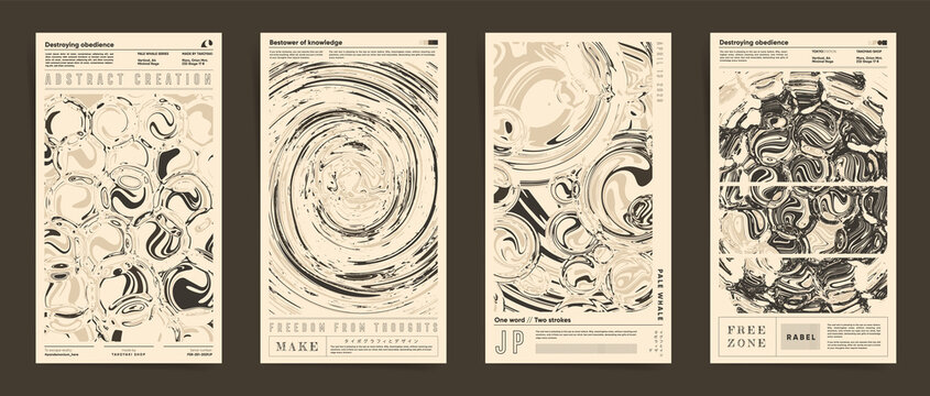 Set of Monochrome Aesthetic Stories posts templates. Modern Japanese boho Design Posters. Vintage Covers with typography. Abstract liquid ink twisted and rounded shapes Backgrounds.	