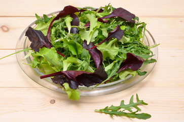 fresh greens in a plate, lettuce and arugula on a light background