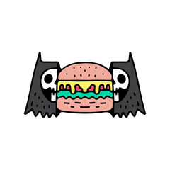 Cool Two half of cat skull head with cheeseburger inside, illustration for t-shirt, street wear, sticker, or apparel merchandise. With doodle, retro, and cartoon style.