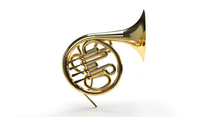3d render Golden shiny new metal brass pipe musical instrument isolated on white background.