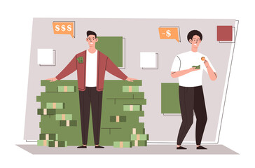 Salary gap concept. Rich and poor characters side by side. Social inequality, successful businessman and homeless man. Crisis and global problems of society. Cartoon flat vector illustration