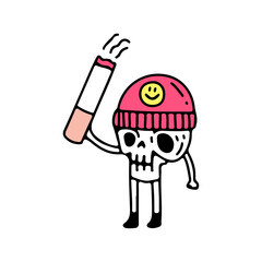 Cute skull in beanie hat holding cigarette, illustration for t-shirt, sticker, or apparel merchandise. With doodle, retro, and cartoon style.