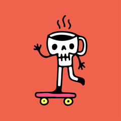 Skull coffee cup riding skateboard, illustration for t-shirt, sticker, or apparel merchandise. With doodle, retro, and cartoon style.