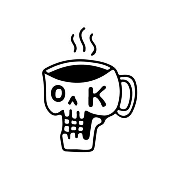 recommend clip art: Skull coffee cup with ok typography in the eyes, illustration for t-shirt, sticker, or apparel merchandise. With doodle, retro, and cartoon style.