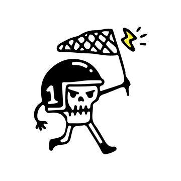 Rider skull is trying to catch a thunder with a scoop-net, illustration for t-shirt, poster, sticker, or apparel merchandise. With retro cartoon style