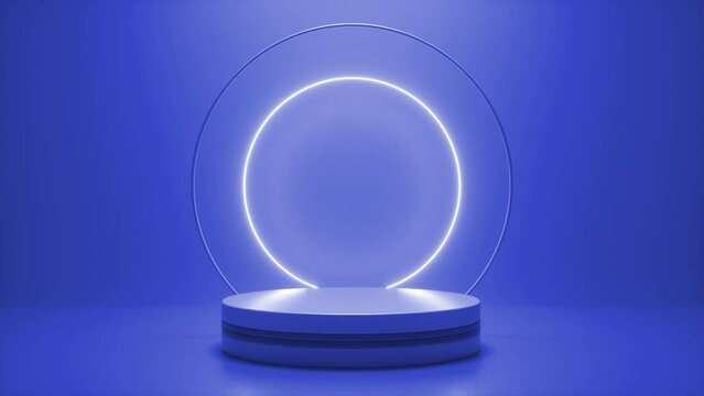 Blue podium with a bright glowing blinking neon circle. Futuristic showcase with platform for product displaying. Empty stage with electric light. Geometric shapes composition. 3d animation loop 4K