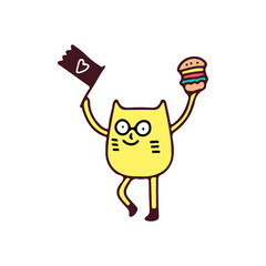 Fancy cat holding flag and burger, illustration for t-shirt, poster, sticker, or apparel merchandise. With retro cartoon style