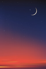 Obraz na płótnie Canvas Islamic card with Crescent moon on Blue,Orange sky background,Vertical banner Ramadan Night with Dramtic Suset,twilight dusk sky for Islamic religion, Eid al-Adha,Eid Mubarak,Eid al fitr