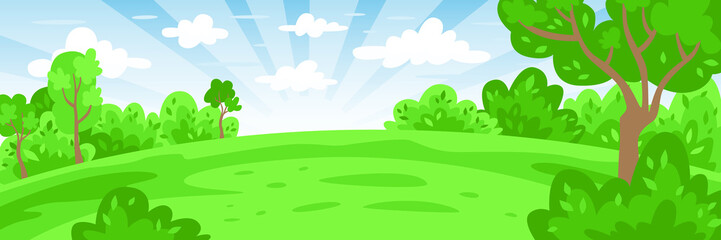 Obraz premium Landscape cartoon background. Vector illustration. Green nature. Spring or summer landscape for kids
