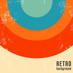 Retro design background with vintage grunge texture and colored round stripes. Vector illustration