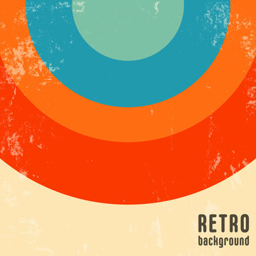 Retro design background with vintage grunge texture and colored round stripes. Vector illustration