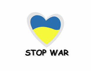 Stop putin war. Ukraine flag in heart. Heart shaped icon, sign, label with Ukrainian flag. No war. Vector illustration on white background.