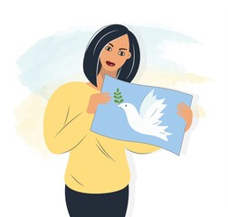A brave girl, a woman holds a sign with a dove of peace in her hands. Protest against war, for peace. Rally. The concept of support for Ukraine. Vector isolated illustration in modern flat style.