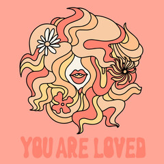You are loved. Vector hand drawn illustration of girl with colorful hair . Creative artwork. Template for card, poster, banner, print for t-shirt, pin, badge, patch.