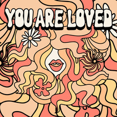You are loved. Vector hand drawn illustration of girl with colorful hair . Creative artwork. Template for card, poster, banner, print for t-shirt, pin, badge, patch.