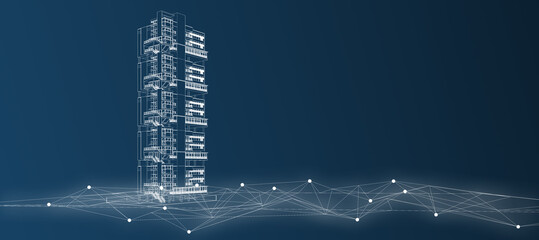 Smart building automation system digital intelligent technology abstract background architecture 3d wireframe