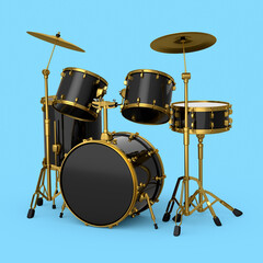 Set of realistic drums with metal cymbals or drumset on blue background