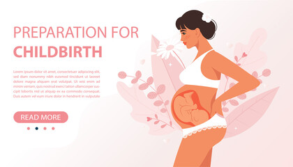 Preparation for childbirth, healthy Pregnancy. Pregnancy woman, baby in the womb. Vector illustration in flat style
