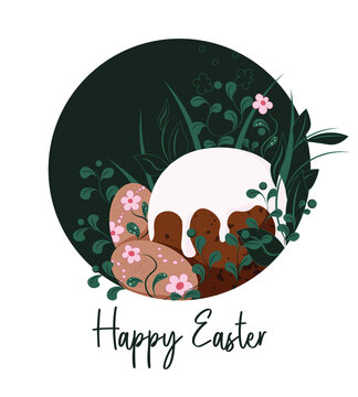 Happy Easter in the herbal circle vector illustration. Easter cake and easter eggs stock image