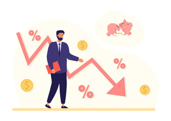 Concept of bankruptcy. Businessman on background of decreasing graph, falling income. Problems in company or organization, poor management, financial crisis. Cartoon flat vector illustration