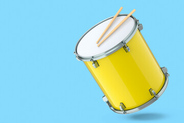 Obraz na płótnie Canvas Realistic drum and wooden drum sticks on blue. 3d render of musical instrument