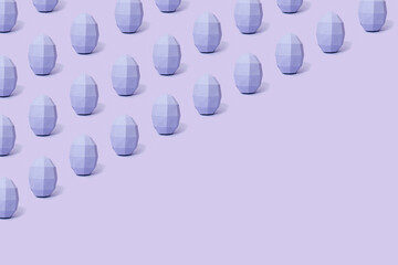 Pattern made of geometric purple Easter egg with copy space on pastel purple background. Minimal monochromatic Easter concept. Holiday spring season template.