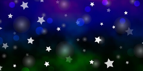 Dark Multicolor vector background with circles, stars.