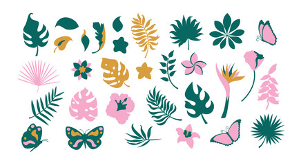 Abstract set with flat art tropical leaves.